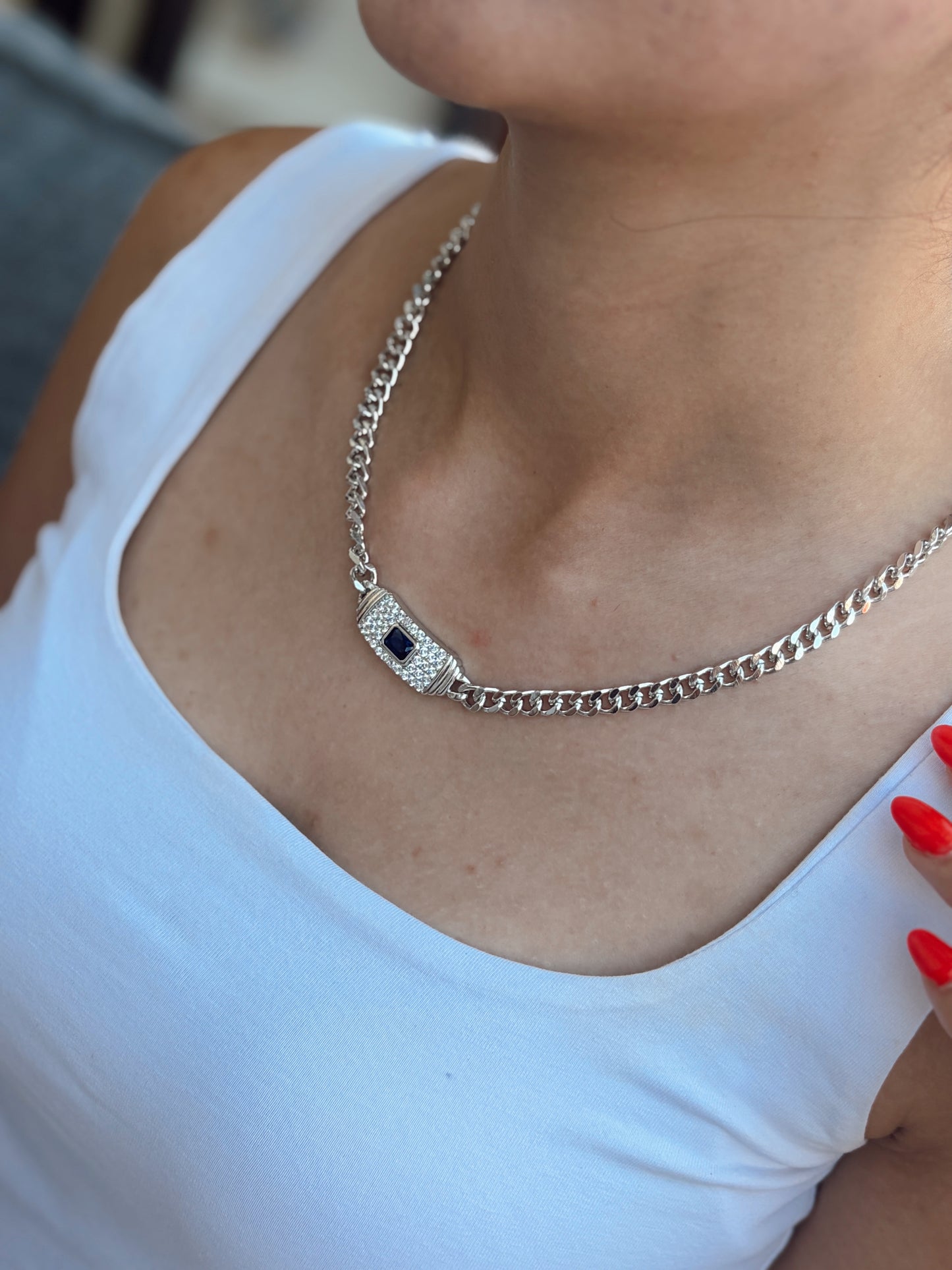 Lacivert Taş Detaylı Choker Kolye 45cm