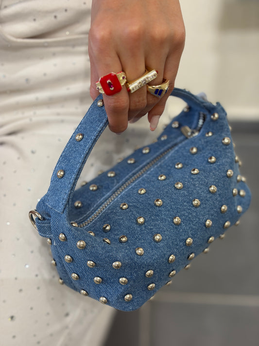 Kadın Denim Zımbalı Mini El Çantası - Zincir Askılı Omuz Çantası