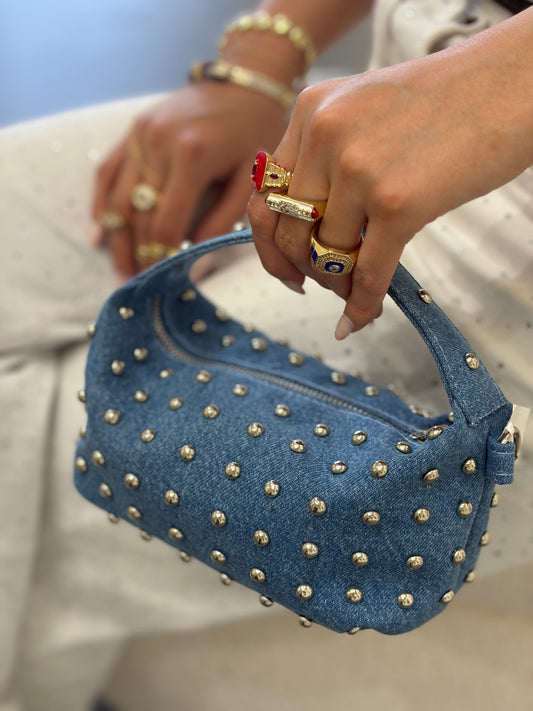 Kadın Denim Zımbalı Mini El Çantası - Zincir Askılı Omuz Çantası